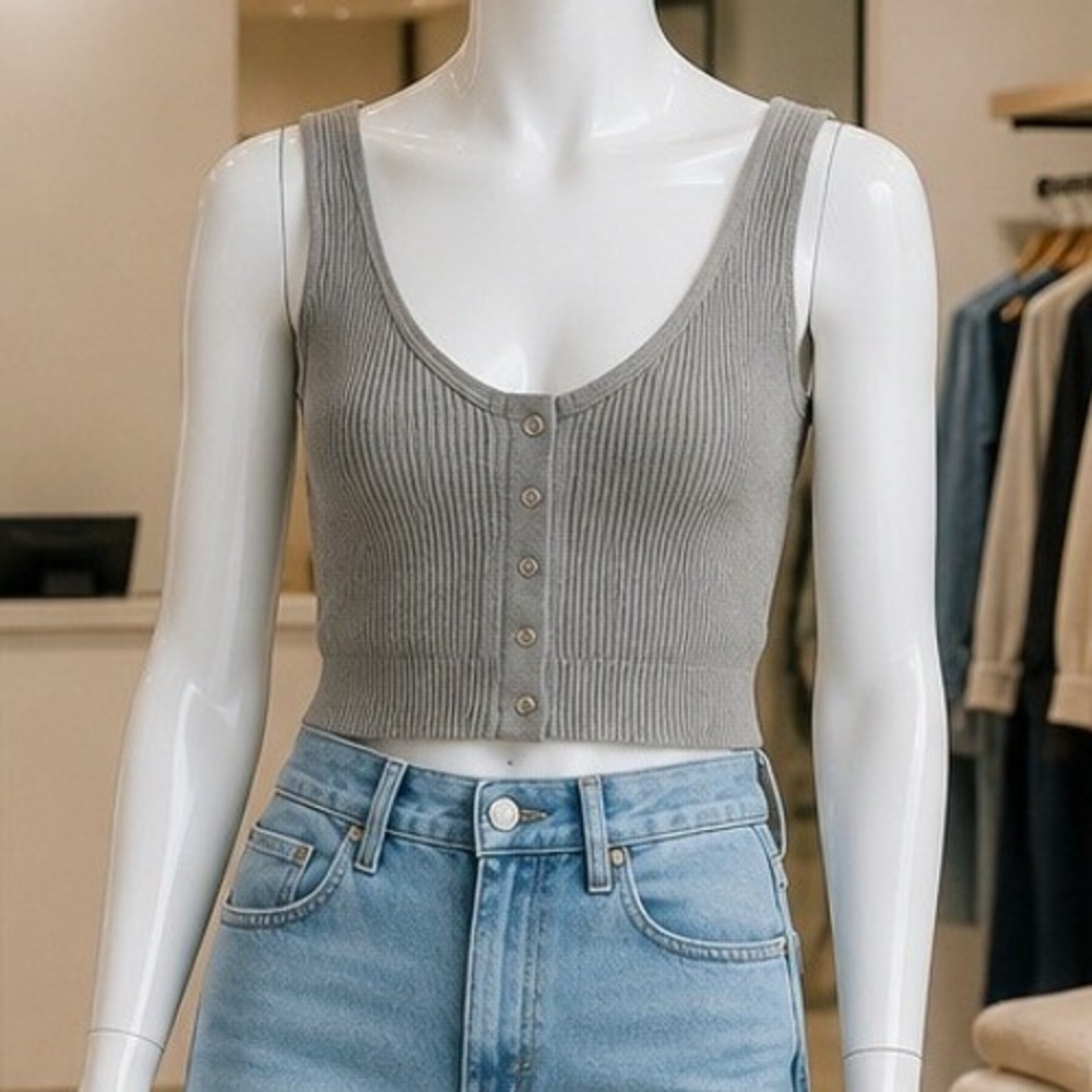 Aerie Womens Crop Top Gray Ribbed Snap Front Sleeveless Small